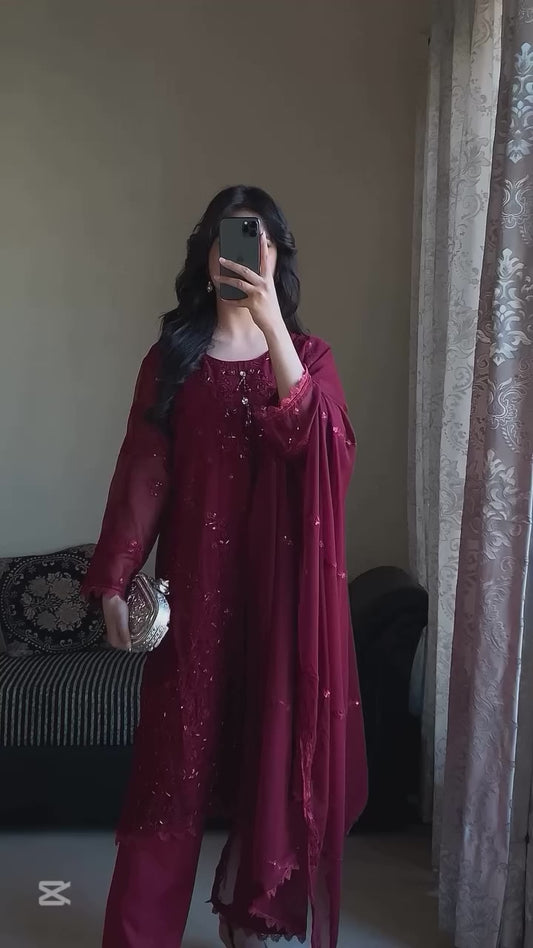 💃 Đěsigner Party Wear Look Pur Heavy Faux Georgette Top Plazzo & Dupatta Set