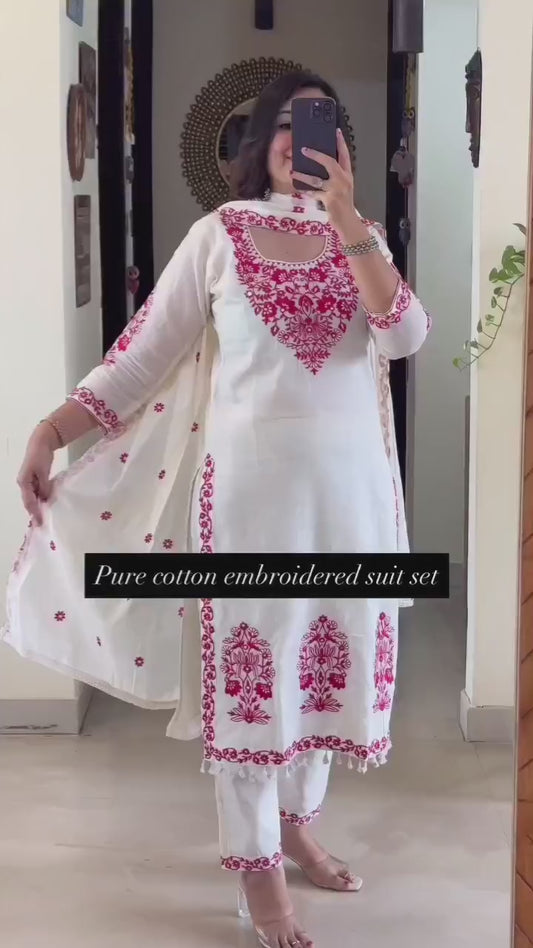 MUL CHANDERI FESTIVAL SPECIAL FULL EMBROIDERY KURTI SET