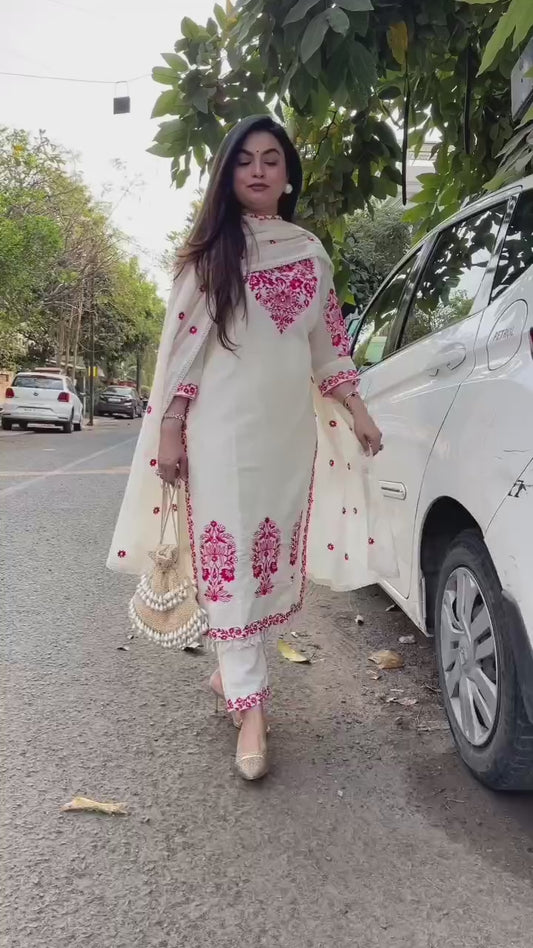 Ivory Elegance: Cream Kurta Set with Vibrant Pink Embroidery & Dupatta