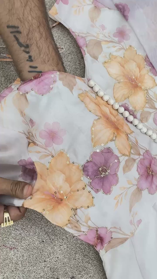 Elegant Floral Printed Anarkali Kurti – White & Lavender Ombre Design