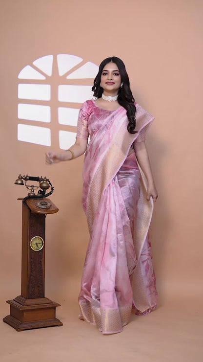 Soft Pink Silk Saree with Elegant Leaf Pattern ( GG-519 )