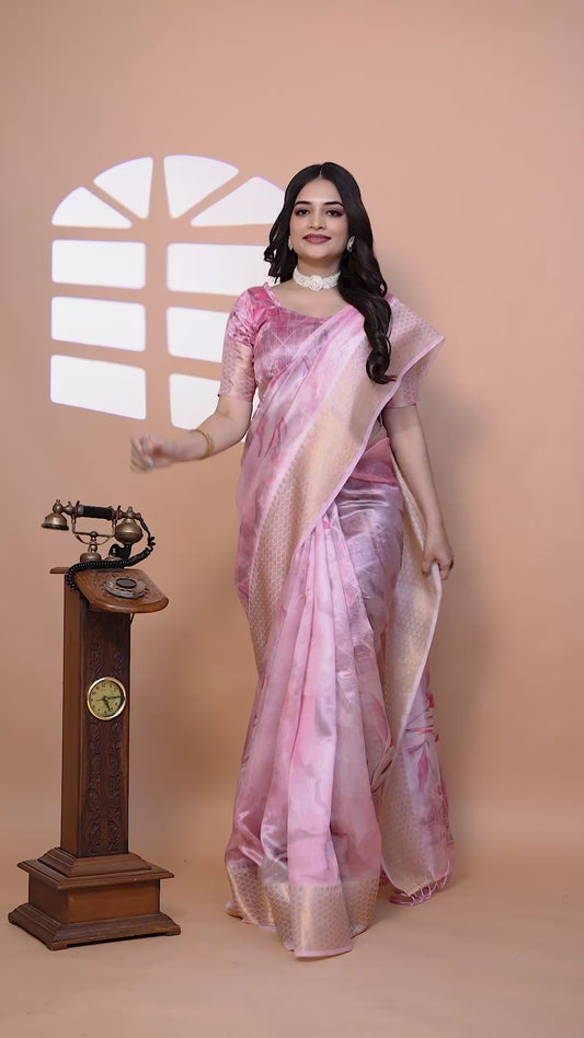 Soft Pink Silk Saree with Elegant Leaf Pattern ( GG-519 )