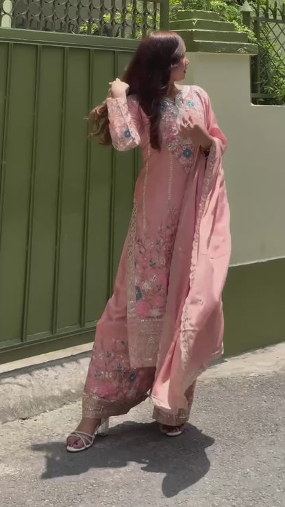 🦋 Đěsigner Party Wear Look Pur Chinon Silk Top Plazzo & Dupatta Set👗