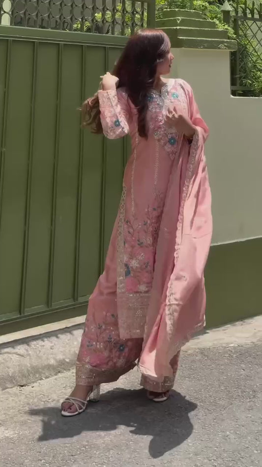 🦋 Đěsigner Party Wear Look Pur Chinon Silk Top Plazzo & Dupatta Set👗
