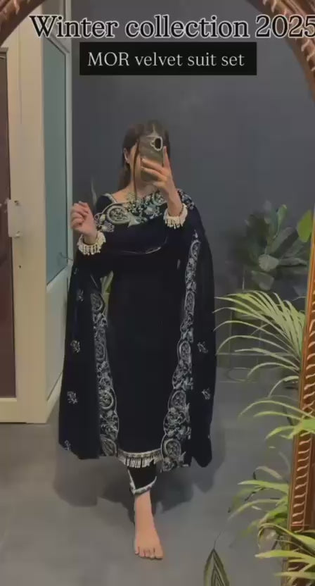 New Party Wear Viscose Velvet Designer  Look Top-Dupatta and Fully Stiched Bottom With Heavy Embroidery Siquance Work