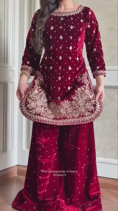 PARTY WEAR HEAVY VISCOSE VELVET TOP WITH SHARARA