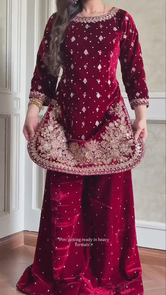 PARTY WEAR HEAVY VISCOSE VELVET TOP WITH SHARARA