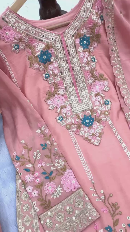 🦋 Đěsigner Party Wear Look Pur Chinon Silk Top Plazzo & Dupatta Set👗