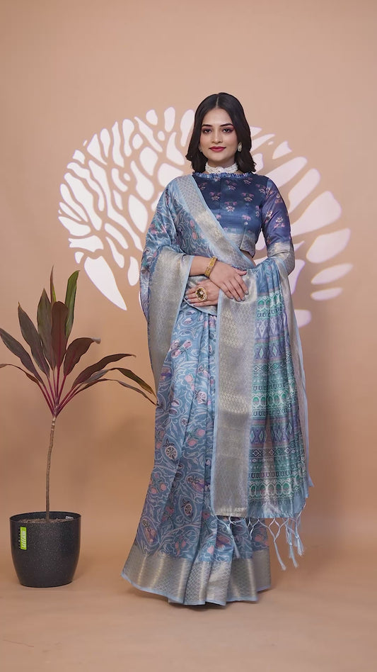 Peacock Blue Soft Silk Saree with Floral Zari Weave & Multi-Color Pallu ( GG-520 )